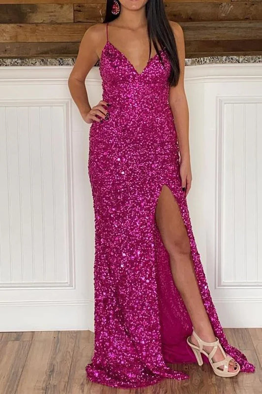 Straps  Sequins Mermaid Long Prom Dress