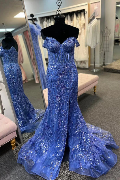 Off-the-Shoulder  Sequin Lace Mermaid Long Dress with Slit