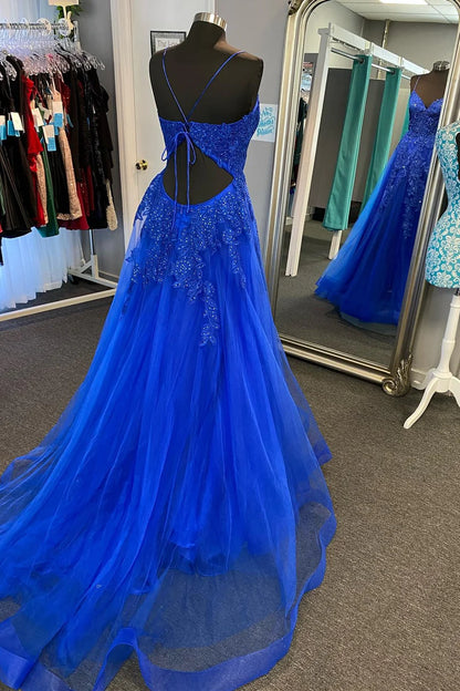 V-Neck Lace-Up Long Gown with Appliques