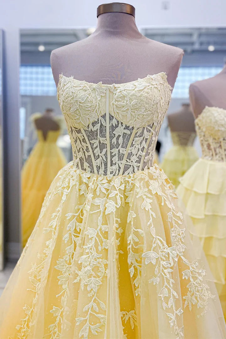 Appliques Strapless A-Line Long Prom Dress