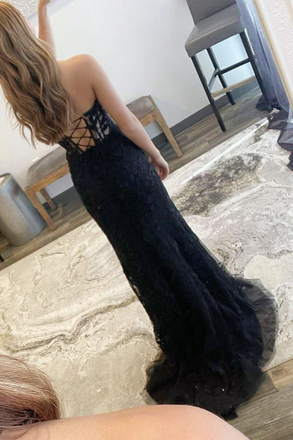 Floral Lace Strapless Mermaid Prom Dress with Slit