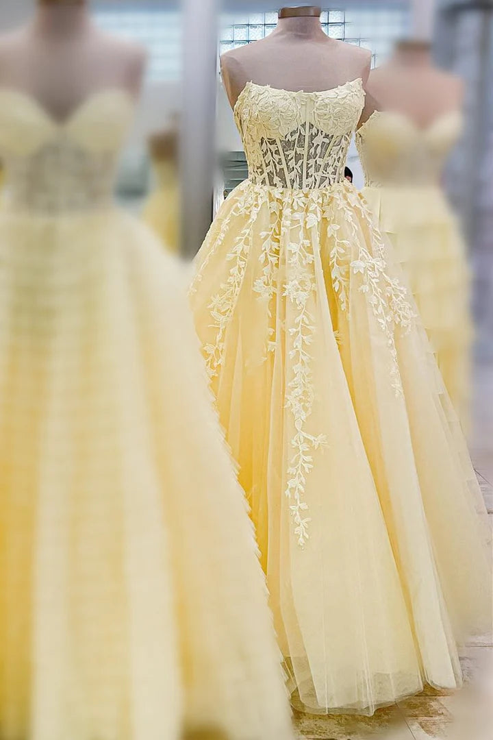 Appliques Strapless A-Line Long Prom Dress