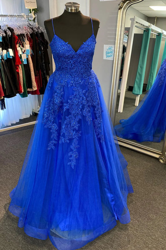 V-Neck Lace-Up Long Gown with Appliques