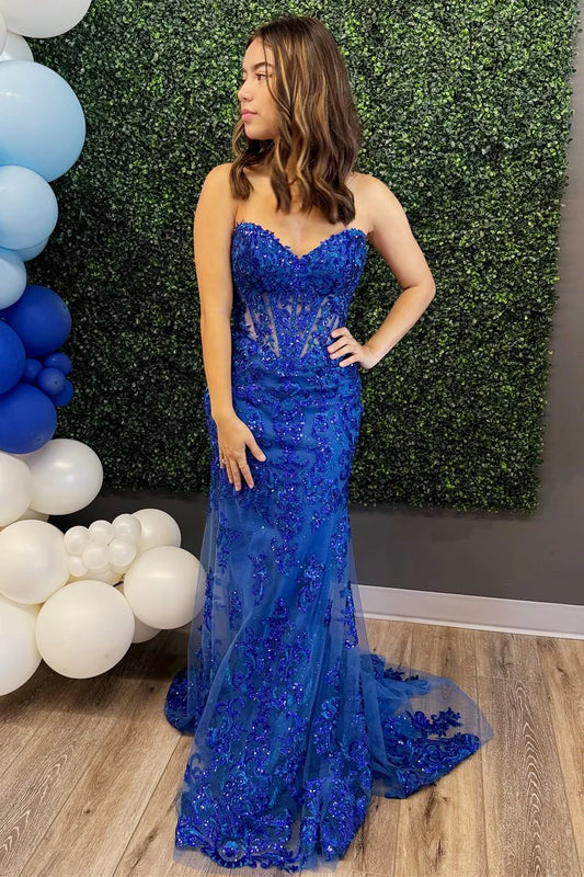 Appliques Sweetheart Lace-Up Mermaid Long Formal Dress