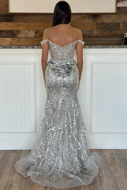 Off-the-Shoulder  Sequin Lace Mermaid Long Dress with Slit