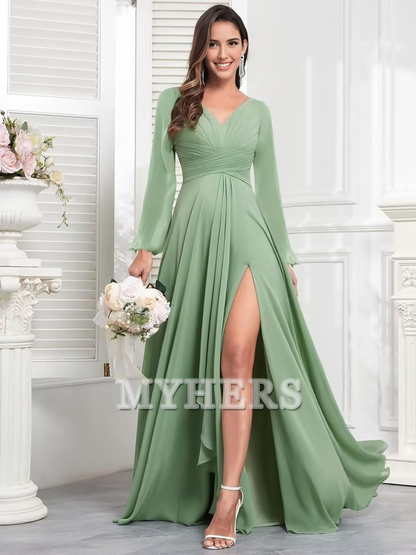 Elegant Chiffon Long Sleeves V Neck Ruffle Side Fork Long Bridesmaid Dresses Wedding Guests Dresses