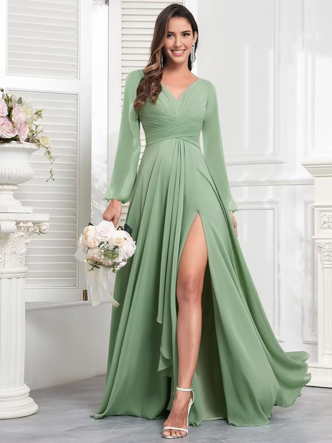 Elegant Chiffon Long Sleeves V Neck Ruffle Side Fork Long Bridesmaid Dresses Wedding Guests Dresses