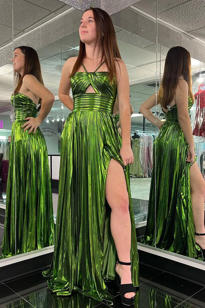 Metallic Keyhole Spaghetti Strap Long Prom Dress with Slit
