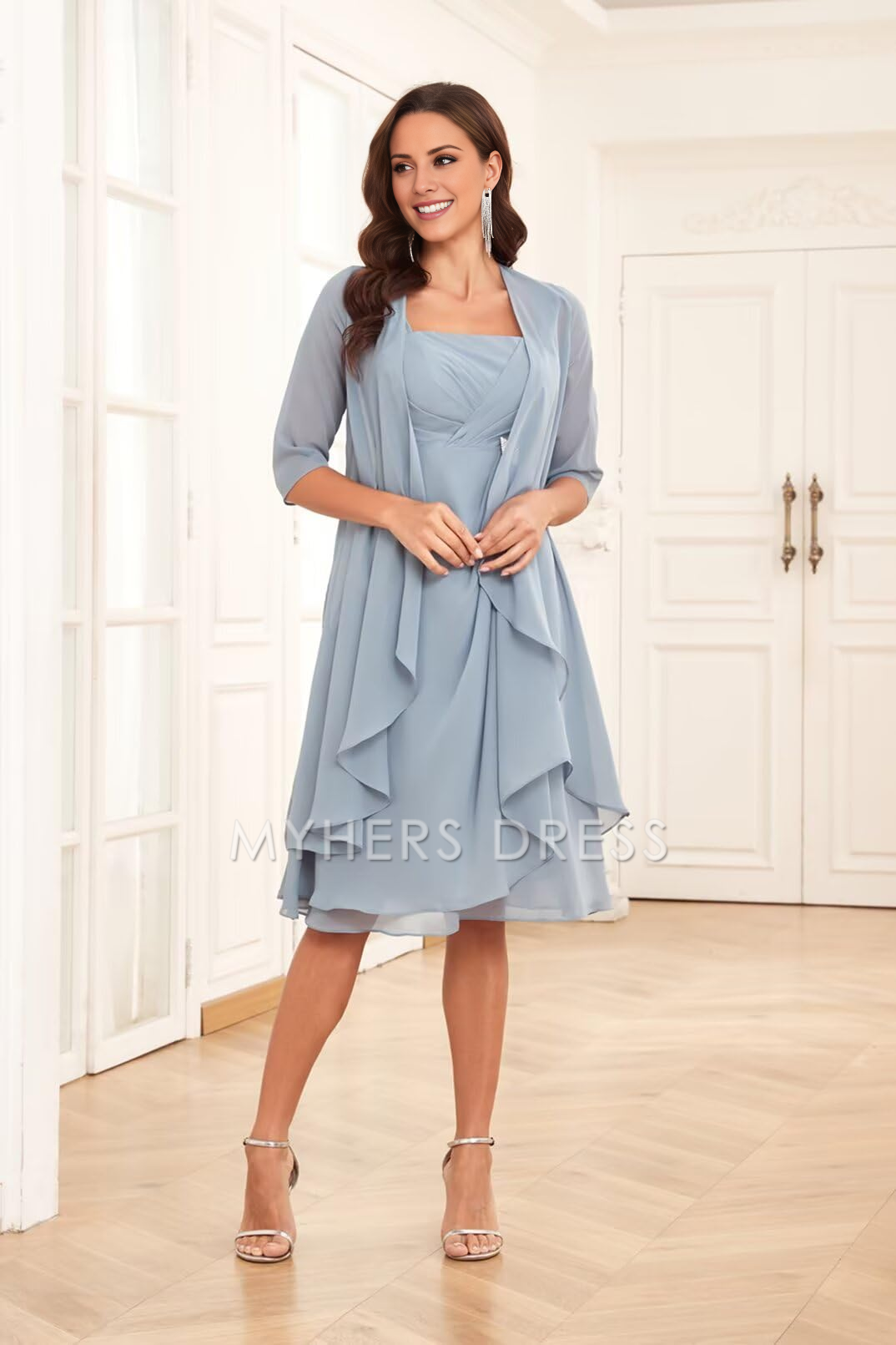 My Hers New Product Mother of The Bride Dress 2 Pieces Half Sleeve Chiffon Pleated Elegant Charming Wedding Guests Dresses