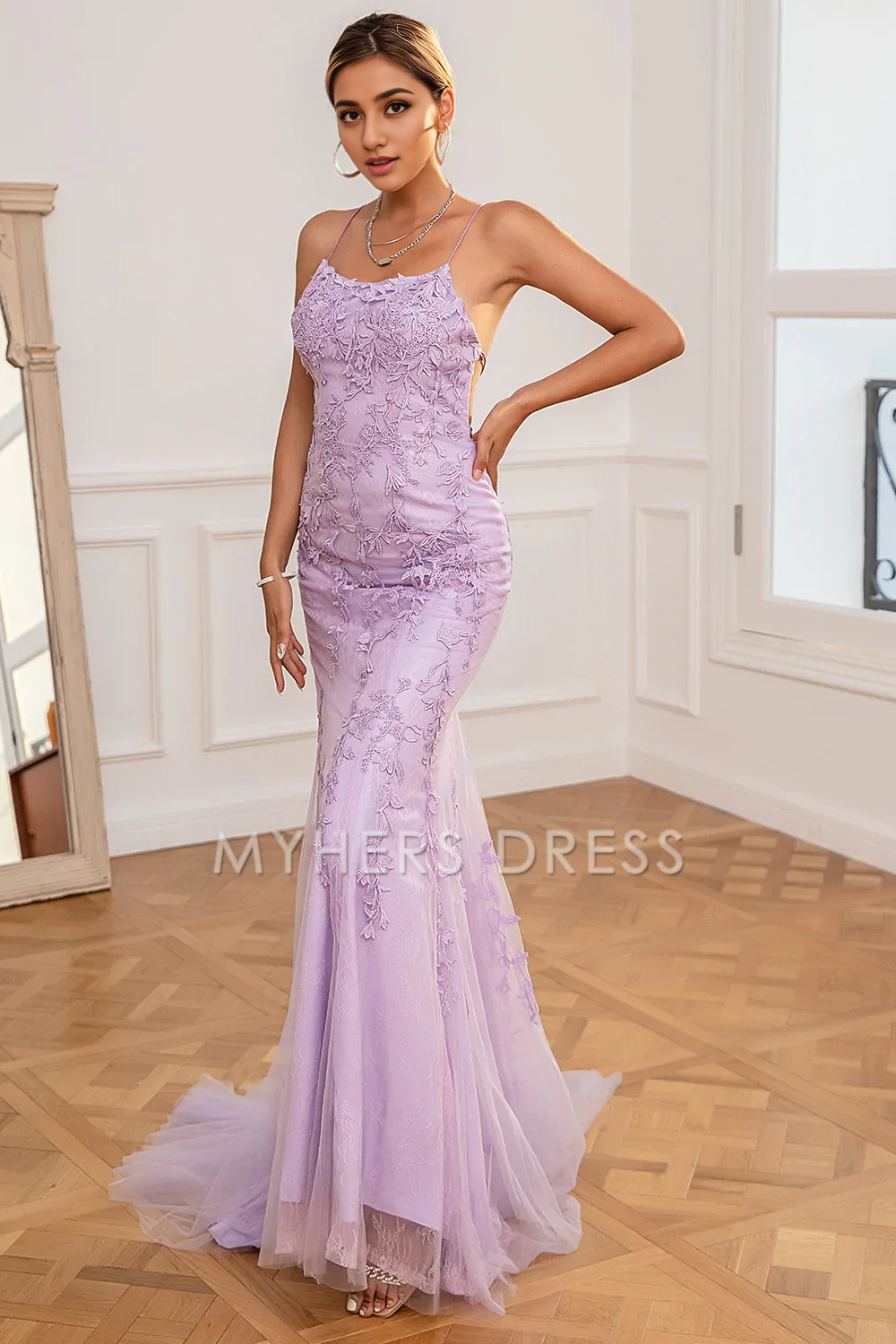 My Hers Ladies Formal Dress Charming Mermaid Spaghetti Strap Backless Long With Exquisite Appliques Prom Dress
