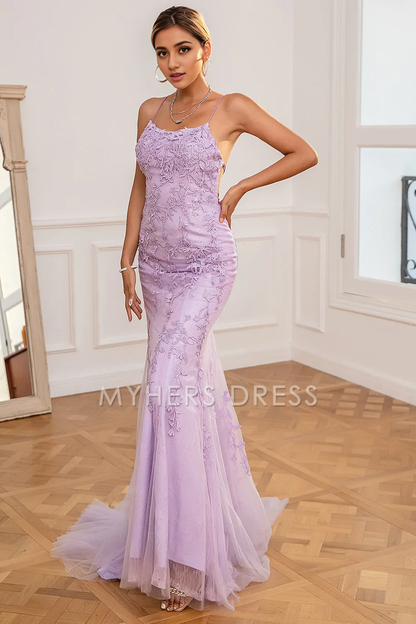 My Hers Ladies Formal Dress Charming Mermaid Spaghetti Strap Backless Long With Exquisite Appliques Prom Dress