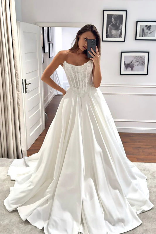 Gorgeous Ball Gown Off-the-Shoulder Heavy Satin Floor-Length Long Wedding Dresses