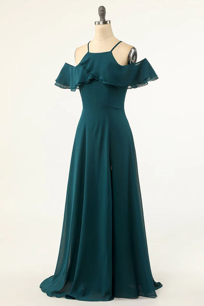 Hunter Green Cold Shoulder Round neck Ruffled Bridesmaid Dress