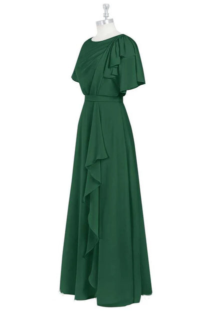 Green Crew Neck Chiffon Short Sleeve Ruffled A-Line Bridesmaid Dress