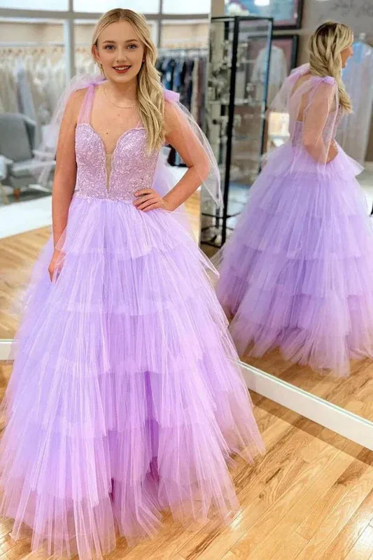 Princess V-Neck A Line Spaghetti Straps Lilac Long Prom Dress with Appliques Ruffles