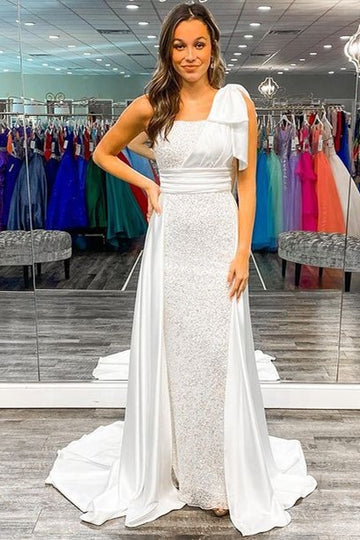 Sequin One-Shoulder Bow Prom Gown with Attached Train
