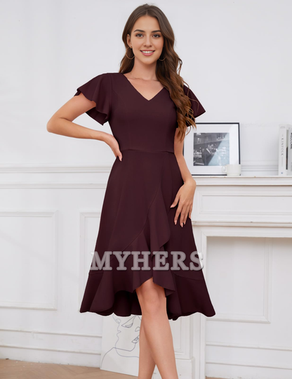 A Line V-Neck Irregular Ruched Elegant Simple Short Skirt Bridesmaid Dresses Wedding Guests Dresses