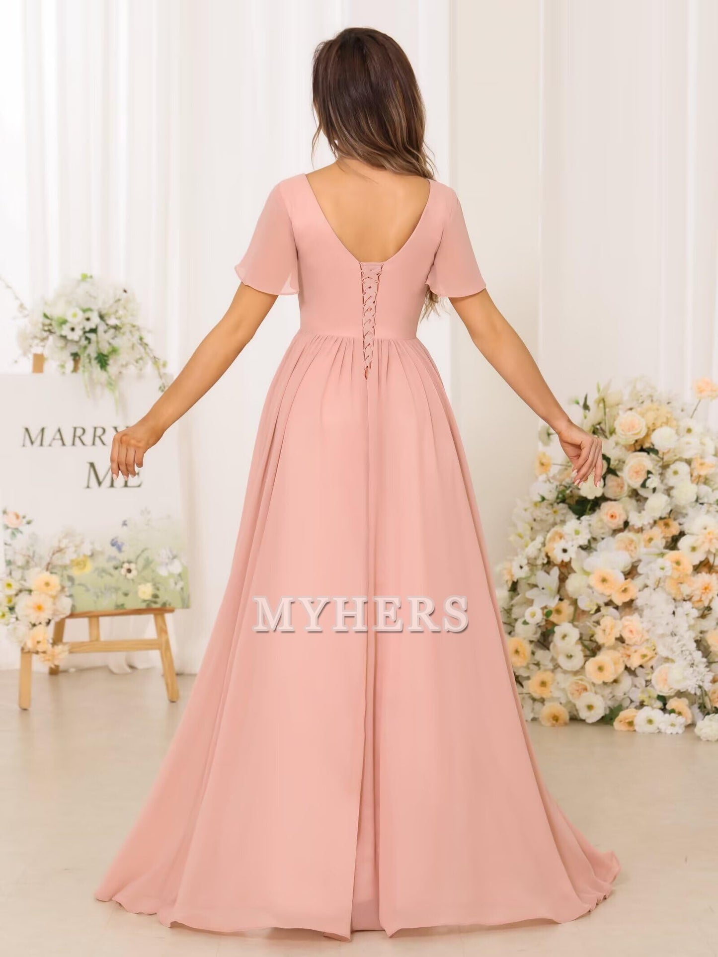 Elegant V Neck Chiffon Pleated Side Fork Exquisite Bridesmaid Dresses Wedding Guests Dresses