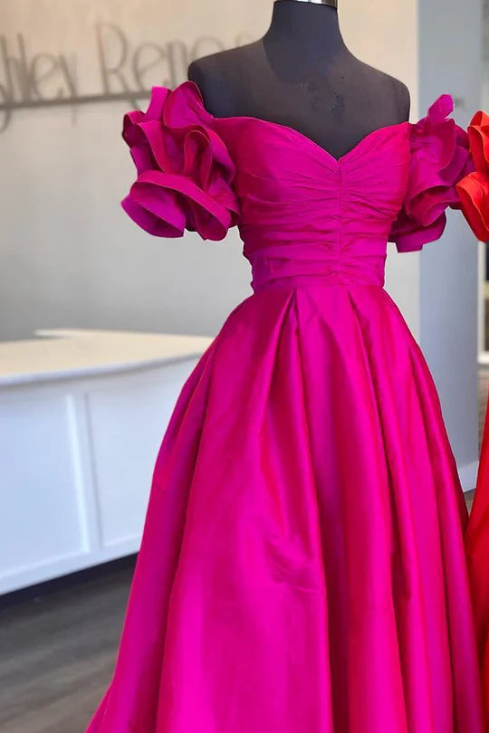 A-Line  Off-the-Shoulder Ruffled Sleeve Prom Gown