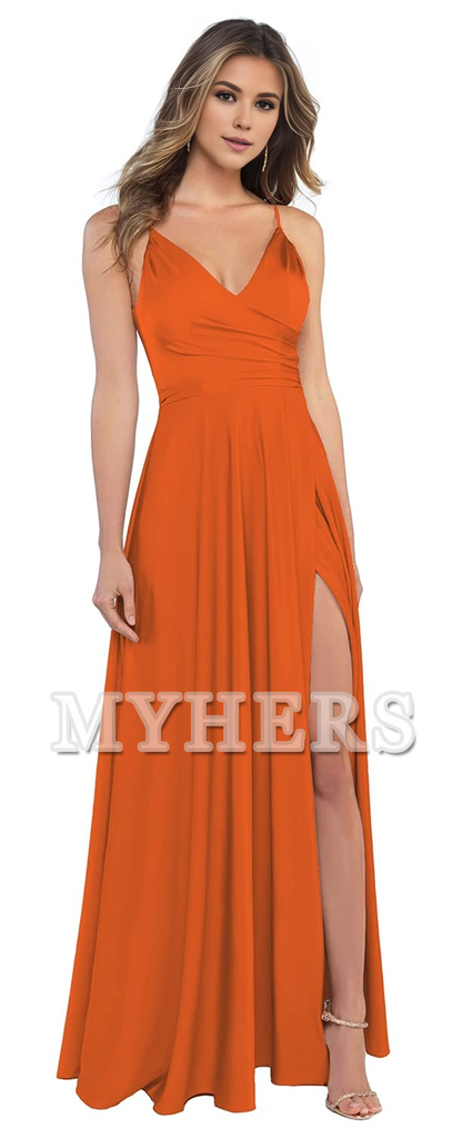 Elegant V Neck Spaghetti Straps Charming Magnetic Side Fork Long Bridesmaid Dresses Wedding Guests Dresses