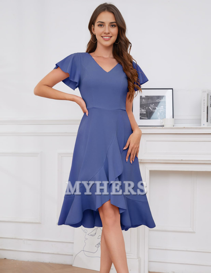 A Line V-Neck Irregular Ruched Elegant Simple Short Skirt Bridesmaid Dresses Wedding Guests Dresses