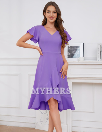 A Line V-Neck Irregular Ruched Elegant Simple Short Skirt Bridesmaid Dresses Wedding Guests Dresses
