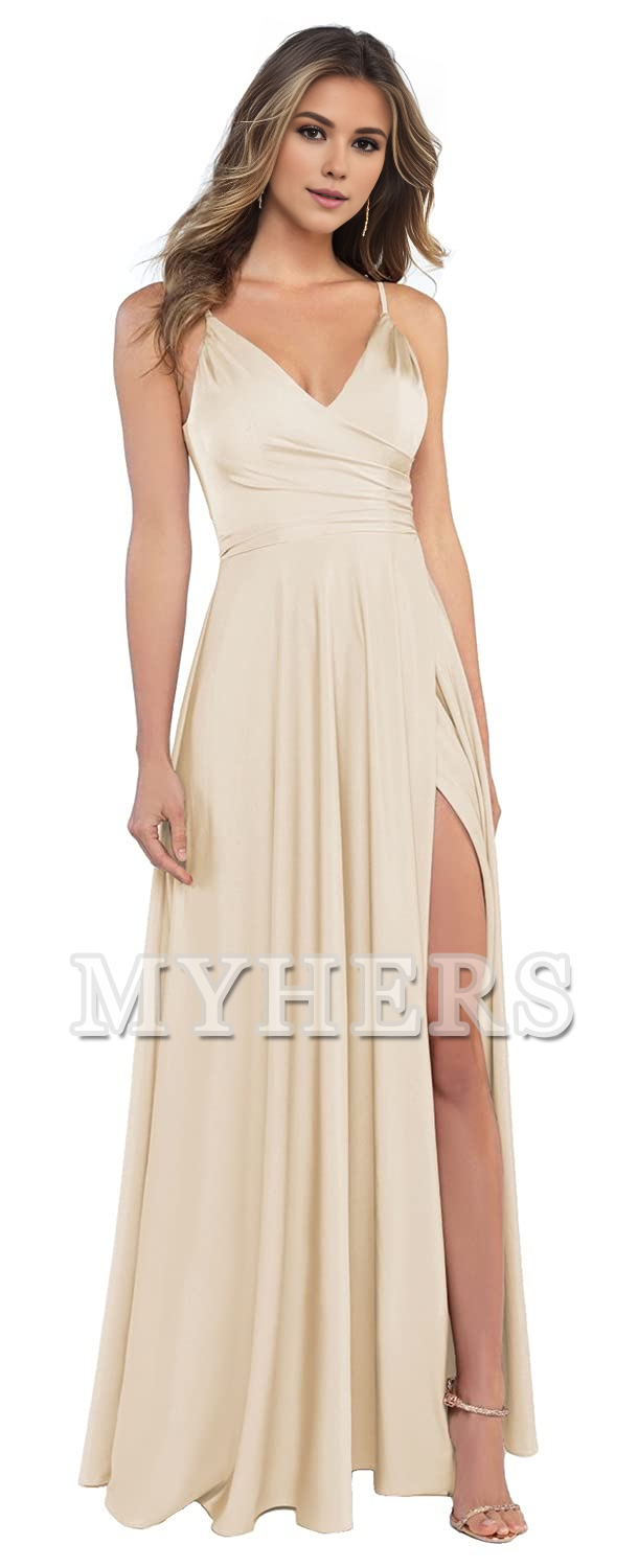 Elegant V Neck Spaghetti Straps Charming Magnetic Side Fork Long Bridesmaid Dresses Wedding Guests Dresses