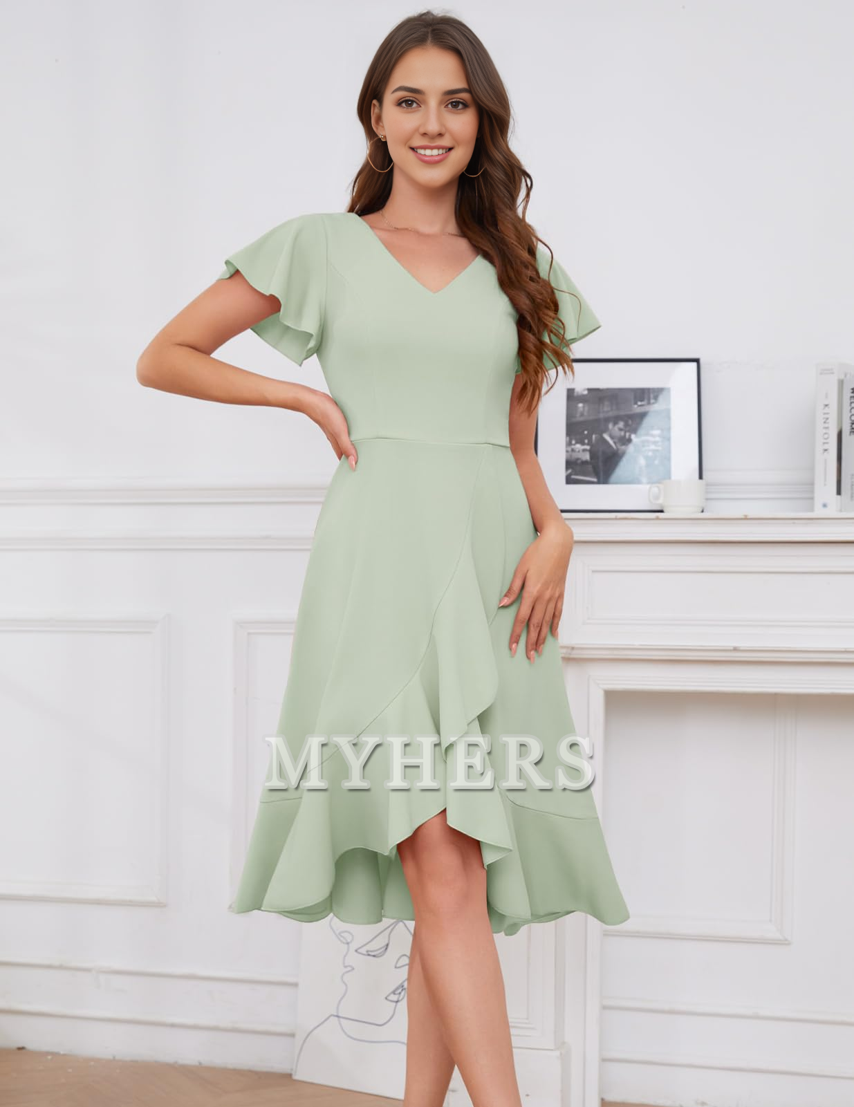 A Line V-Neck Irregular Ruched Elegant Simple Short Skirt Bridesmaid Dresses Wedding Guests Dresses