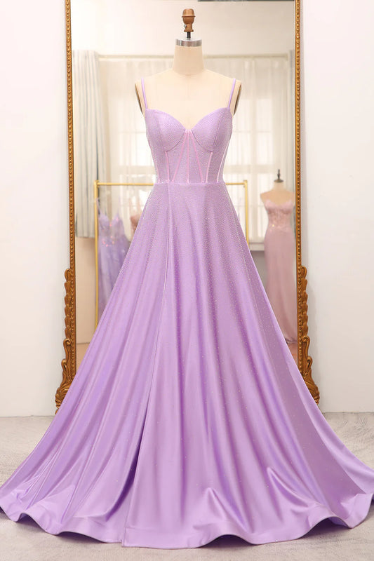 Simple Sparkly Lilac A-Line Side Slit Corset Lace-Up Back Prom Dresses with Rhinestones