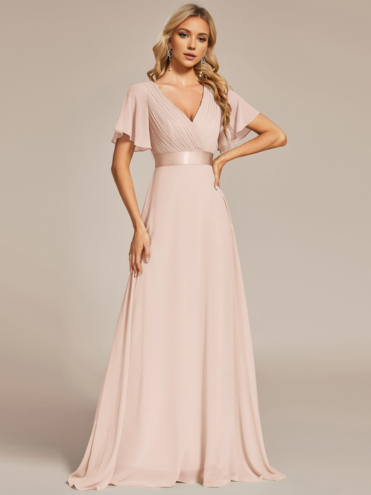 Short Sleeve V-Neck Elegant Simple Floor Length High Quality Bridesmaid Dresses Wedding Guests Dresses