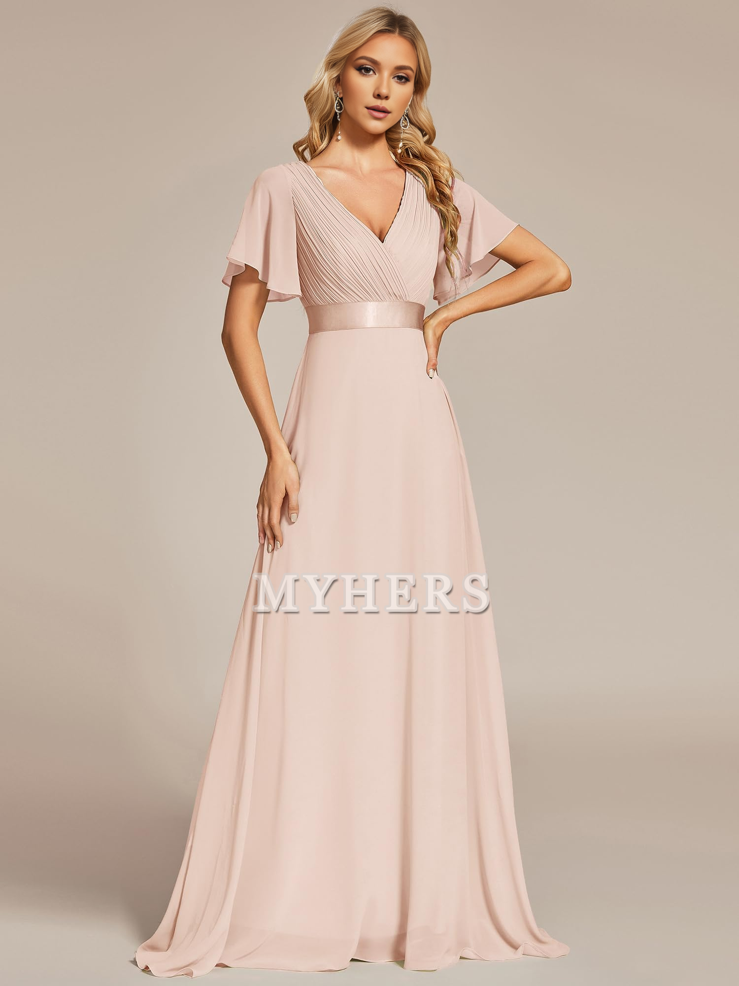 Short Sleeve V-Neck Elegant Simple Floor Length High Quality Bridesmaid Dresses Wedding Guests Dresses