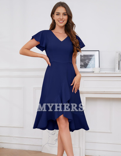 A Line V-Neck Irregular Ruched Elegant Simple Short Skirt Bridesmaid Dresses Wedding Guests Dresses