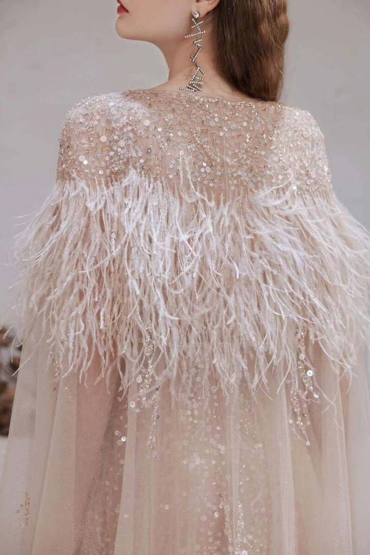 A-line Tulle V-neck Prom Gown with Feather Cape