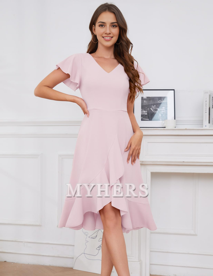 A Line V-Neck Irregular Ruched Elegant Simple Short Skirt Bridesmaid Dresses Wedding Guests Dresses