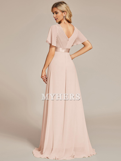 Short Sleeve V-Neck Elegant Simple Floor Length High Quality Bridesmaid Dresses Wedding Guests Dresses