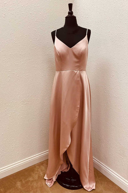 Champagne Satin Spaghetti Straps Backless Ruffled Bridesmaid Dress