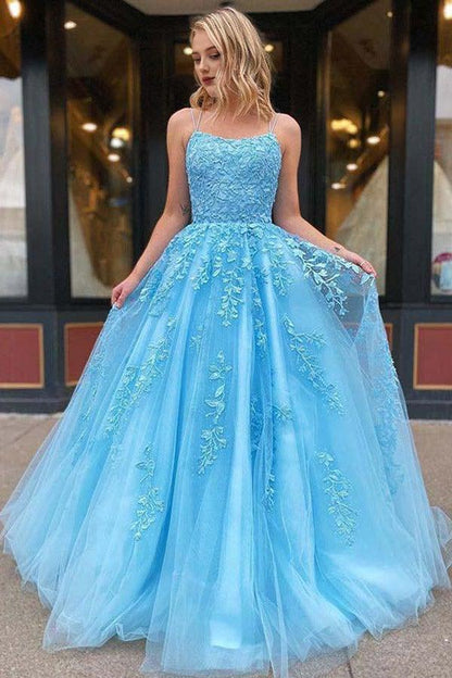 A Line Party Dresses Formal Dresses Spaghetti Straps Sweetheart Long Prom Dress With Appliques