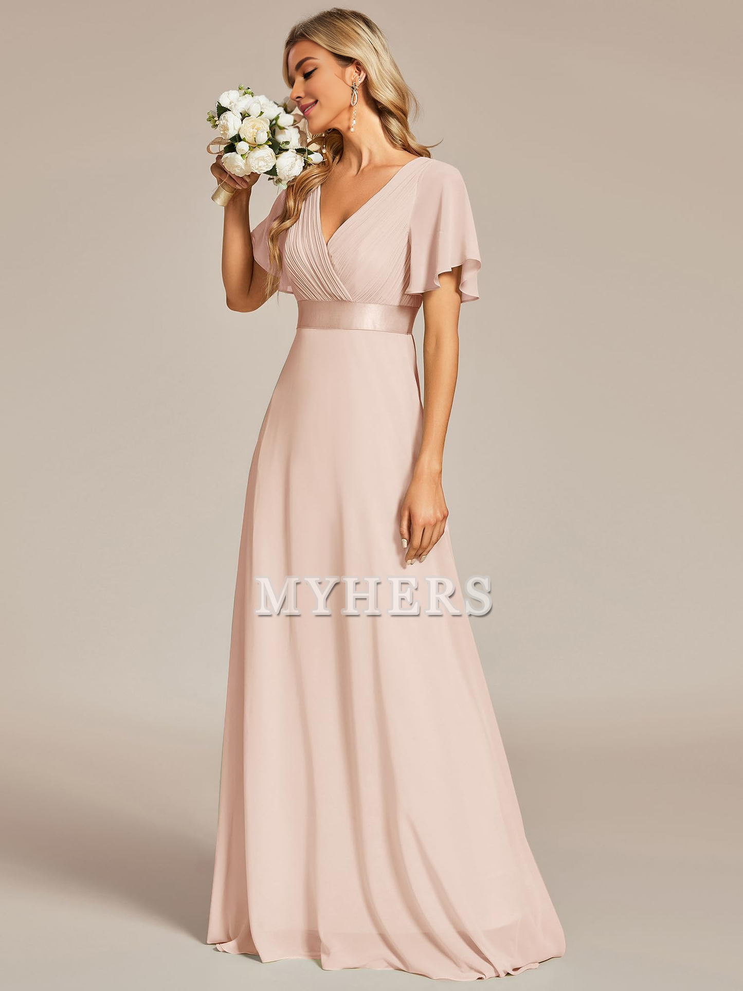 Short Sleeve V-Neck Elegant Simple Floor Length High Quality Bridesmaid Dresses Wedding Guests Dresses