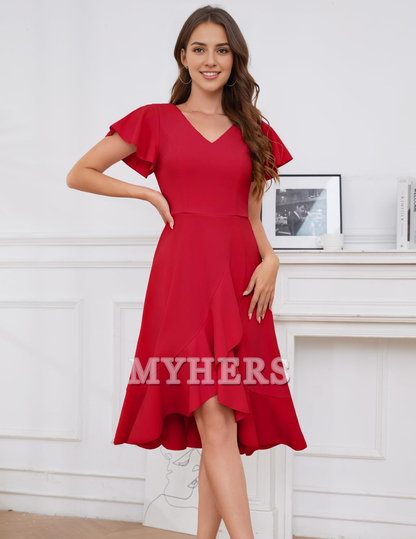 A Line V-Neck Irregular Ruched Elegant Simple Short Skirt Bridesmaid Dresses Wedding Guests Dresses