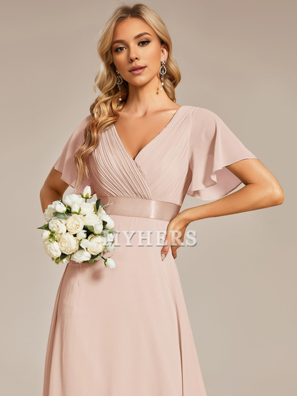 Short Sleeve V-Neck Elegant Simple Floor Length High Quality Bridesmaid Dresses Wedding Guests Dresses