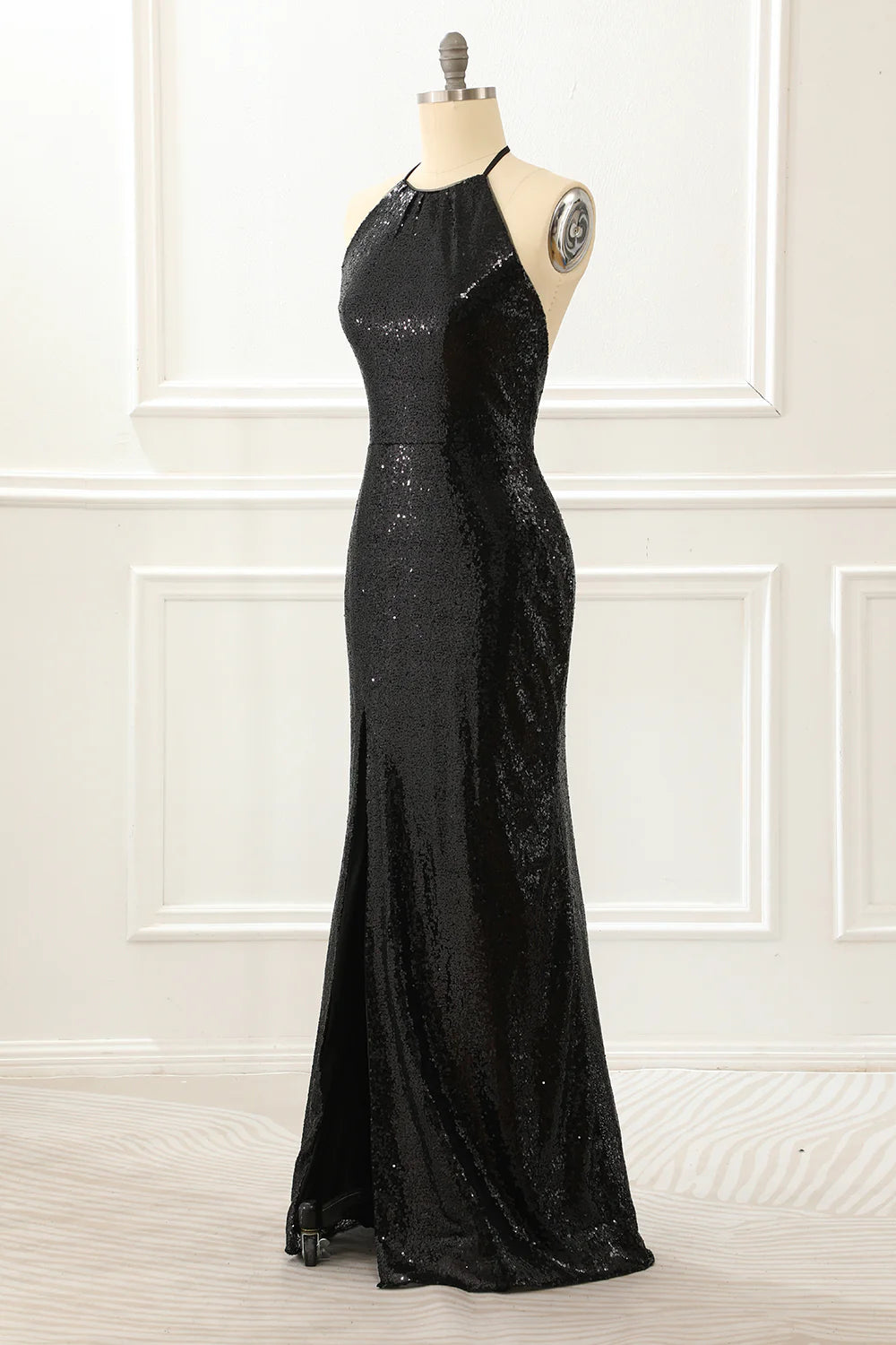 Black Halter Round Neck Strap Sequin Backless Slim-fit Prom Dress with Slit