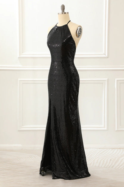 Black Halter Round Neck Strap Sequin Backless Slim-fit Prom Dress with Slit