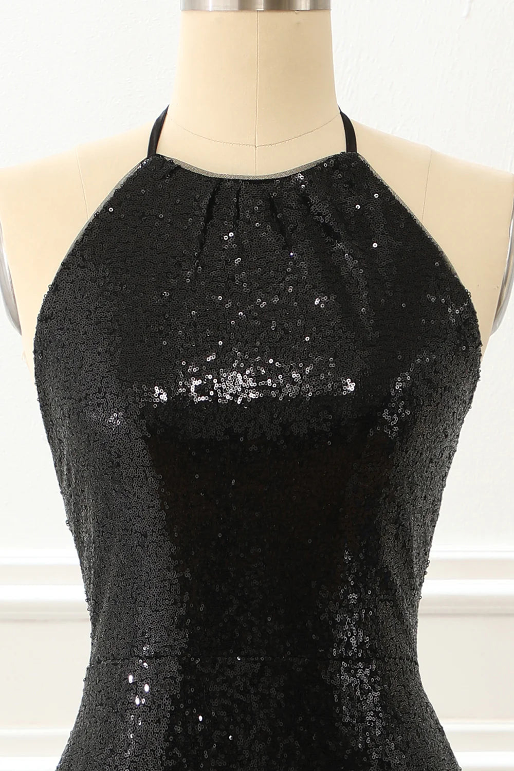 Black Halter Round Neck Strap Sequin Backless Slim-fit Prom Dress with Slit