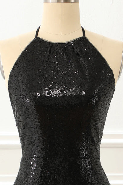 Black Halter Round Neck Strap Sequin Backless Slim-fit Prom Dress with Slit