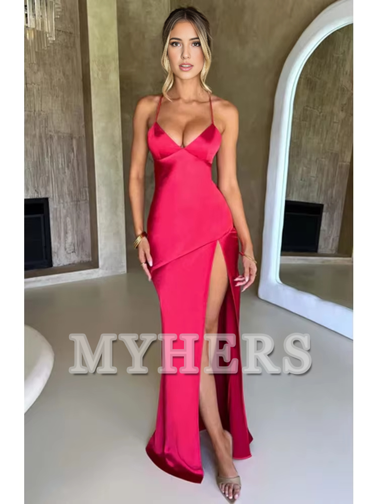 Bandage Backless Elegant Dress Side Fork Spaghetti Strap Slim Cocktail Party Club Fashion Satin Solid Lace-Up Long Dresses Evening Dress Formal Women's Dresses