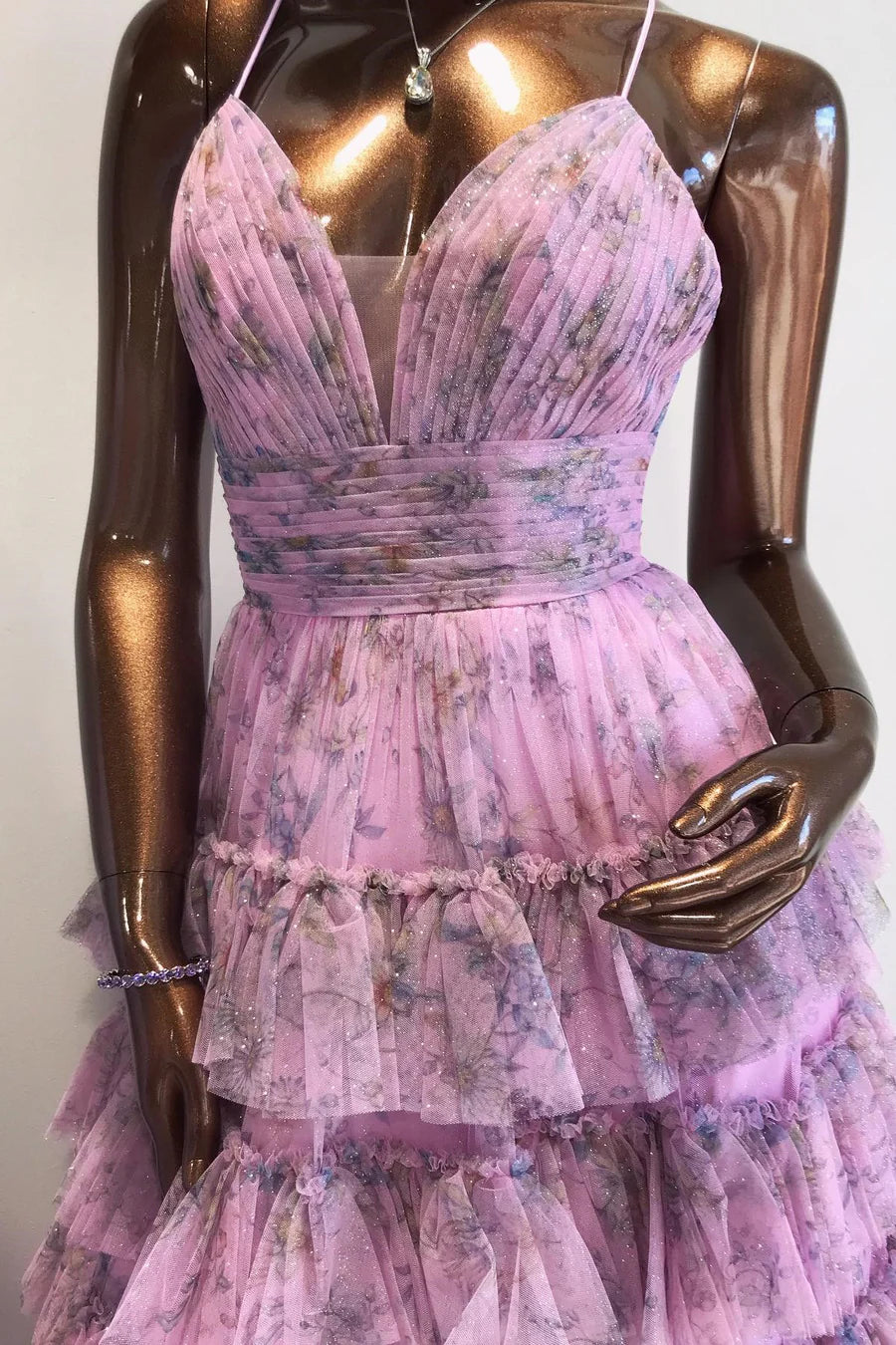 Print Lace-Up Ruffle Tiered Long Prom Dress