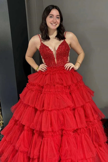 Beaded Spaghetti Strap Ruffle Tiered Ball Gown