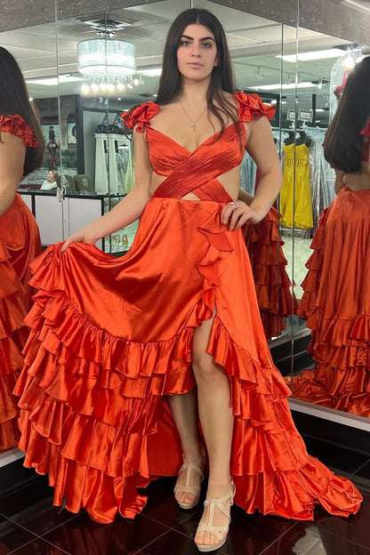 Cutout Ruffle A-Line Long Prom Dress with Slit