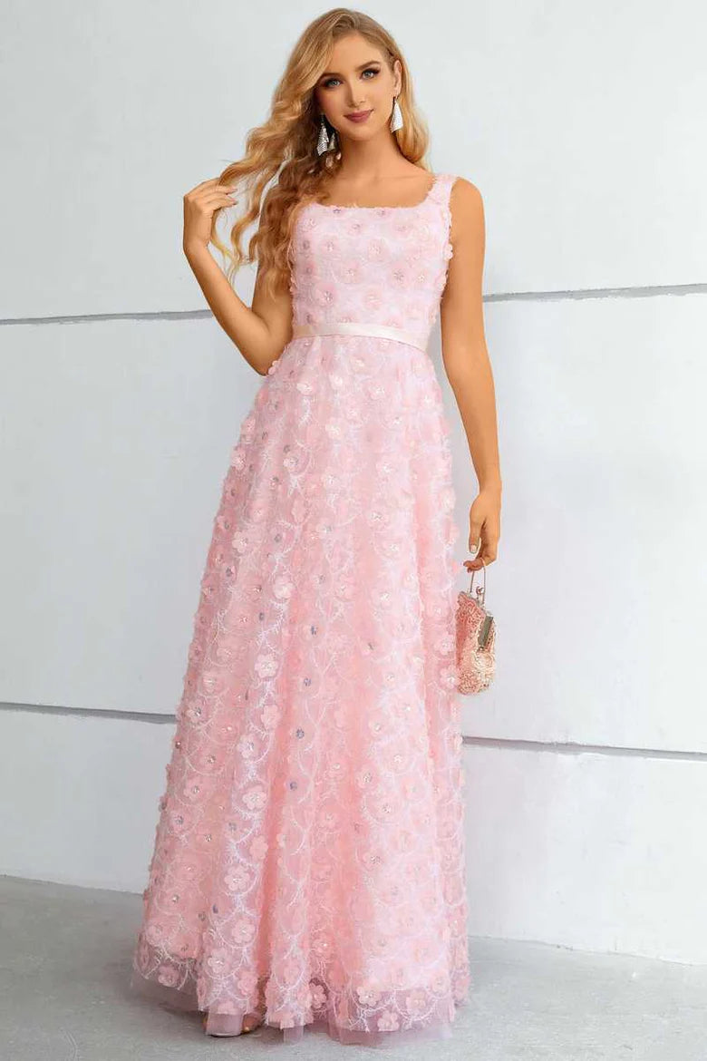 3D Floral Lace Square Neck A-Line Prom Dress