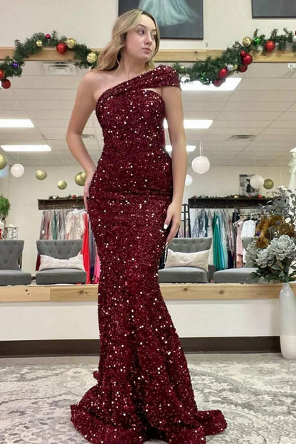 Sequin One-Shoulder Mermaid Long Prom Dress